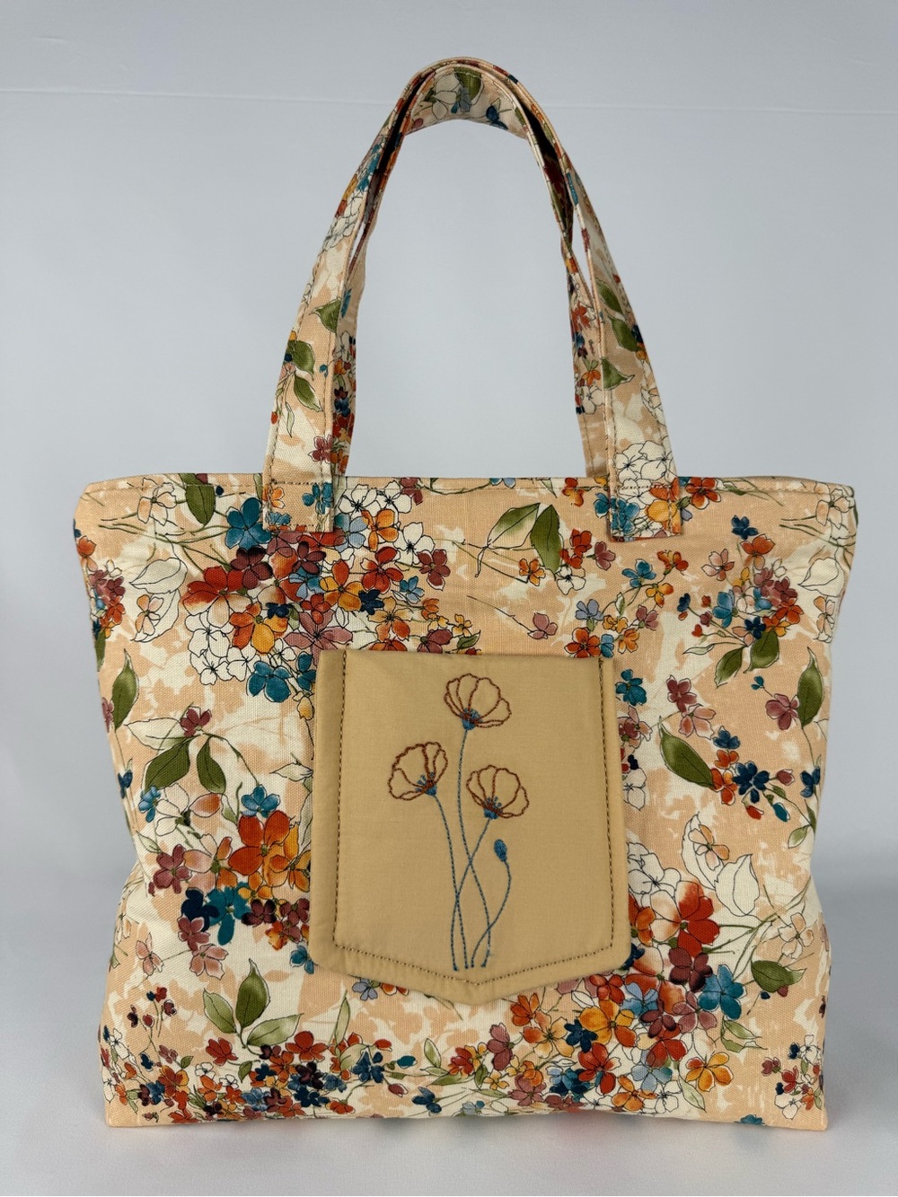 Peach Floral Cotton Tote with Embroidered Front Pocket